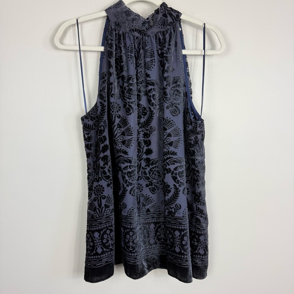 Max Studio Top Womens Large Black Blue Velvet Tie Neck Sleeveless Paisley Blouse